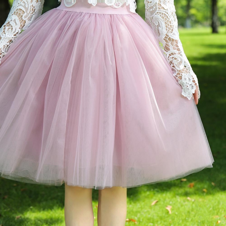 7 Layers Midi A Line Tutu Tulle Skirt High Waist Pleated Skater Skirts Womens Vintage Lolita Ball Gown Summer 19 saias jupe