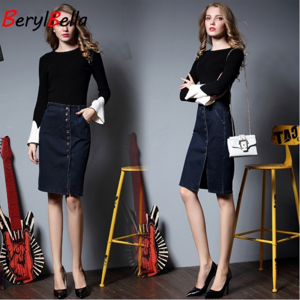 BerylBella Spring Women Skirt Casual Summer Style Ladies Skirts Blue Plsus Size S-6XL Stretch Denim Skirt Femininas Jeans Skirt 1 Blue Plus Size Denim Skirt - Spring Casual Style for Trendy Women