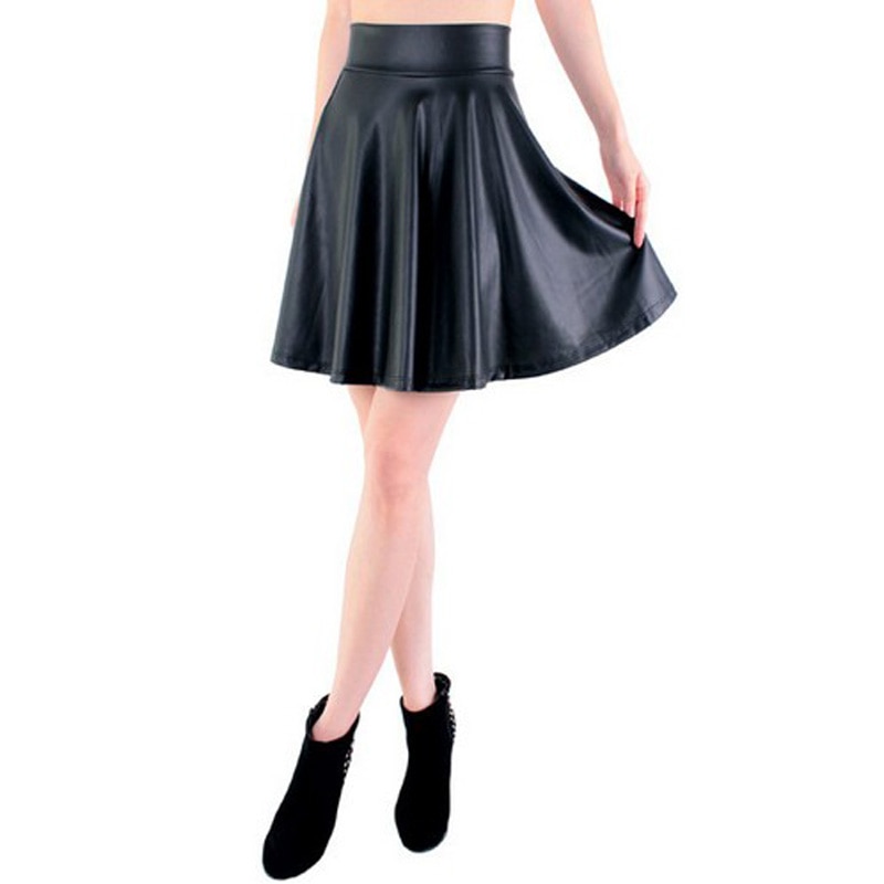 free shipping new high waist faux leather skater flare skirt casual mini skirt knee length solid color black skirt S/M/L/XL