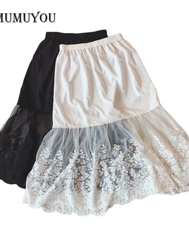 Women Lady Lace Mesh Slip Skirt Knee Length A-Line Floral Underskirt Petticoat Fashion Summer New White Black 904-733
