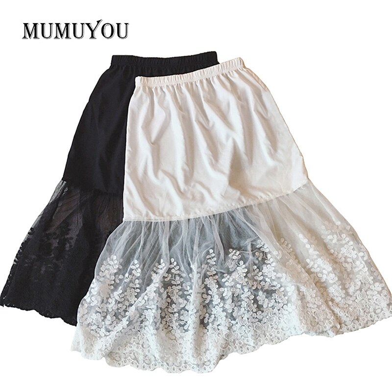 Women Lady Lace Mesh Slip Skirt Knee Length A-Line Floral Underskirt Petticoat Fashion Summer New White Black 904-733