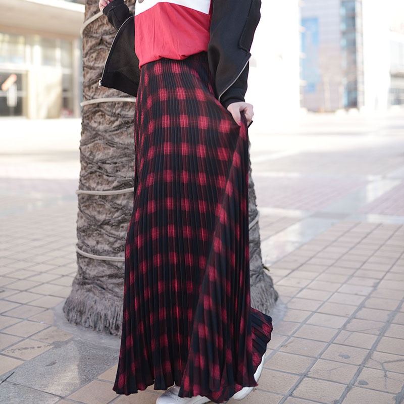 Long Pleated Skirts High Waist Ladies Skirts Length