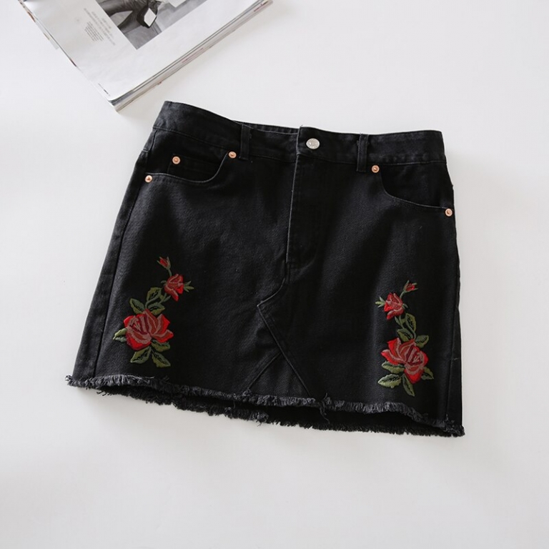 17 Summer Skirt for Womens High Waist Short Midi Skirt Rose Embroidery Mini Casual Denim Blue Black
