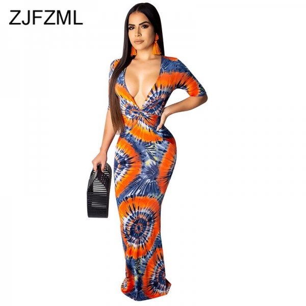 Geometric Pattern Sexy Bohemian Dress Women Deep V Neck Half Sleeve Floor-Length Dress Vintage High Waist Slim Fit Beach Dress