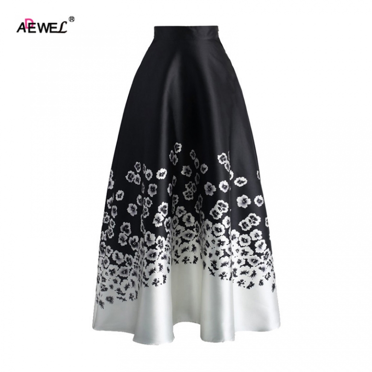 ADEWEL Summer Vintage High Waist Women A Line Skirts Elegant Floral Ptinted Casual Skirt Fashion Color Block Maxi Skirt Black