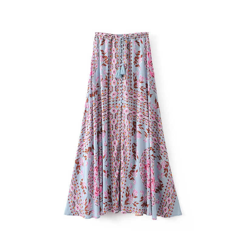 19 Floral Print Summer Women’s Skirt Bohemian Elastic Waist Buttons Tassel Belt Long Maxi skirts Brand Clothing Female Saia