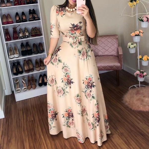 Casual half Sleeve Long Dress Boho Floral Print Maxi Dress Elegant Dress