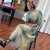 Colorful Dress V-neck Half Sleeves Loose Straight Vintage With Sash Contrast Colors