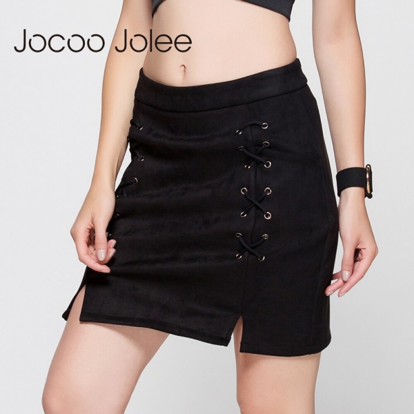 Jocoo Jolee Autumn Lace Up Leather Suede Pencil Skirt Winter 17 Cross High Waist Skirt Zipper Split Bodycon Short Skirts Women