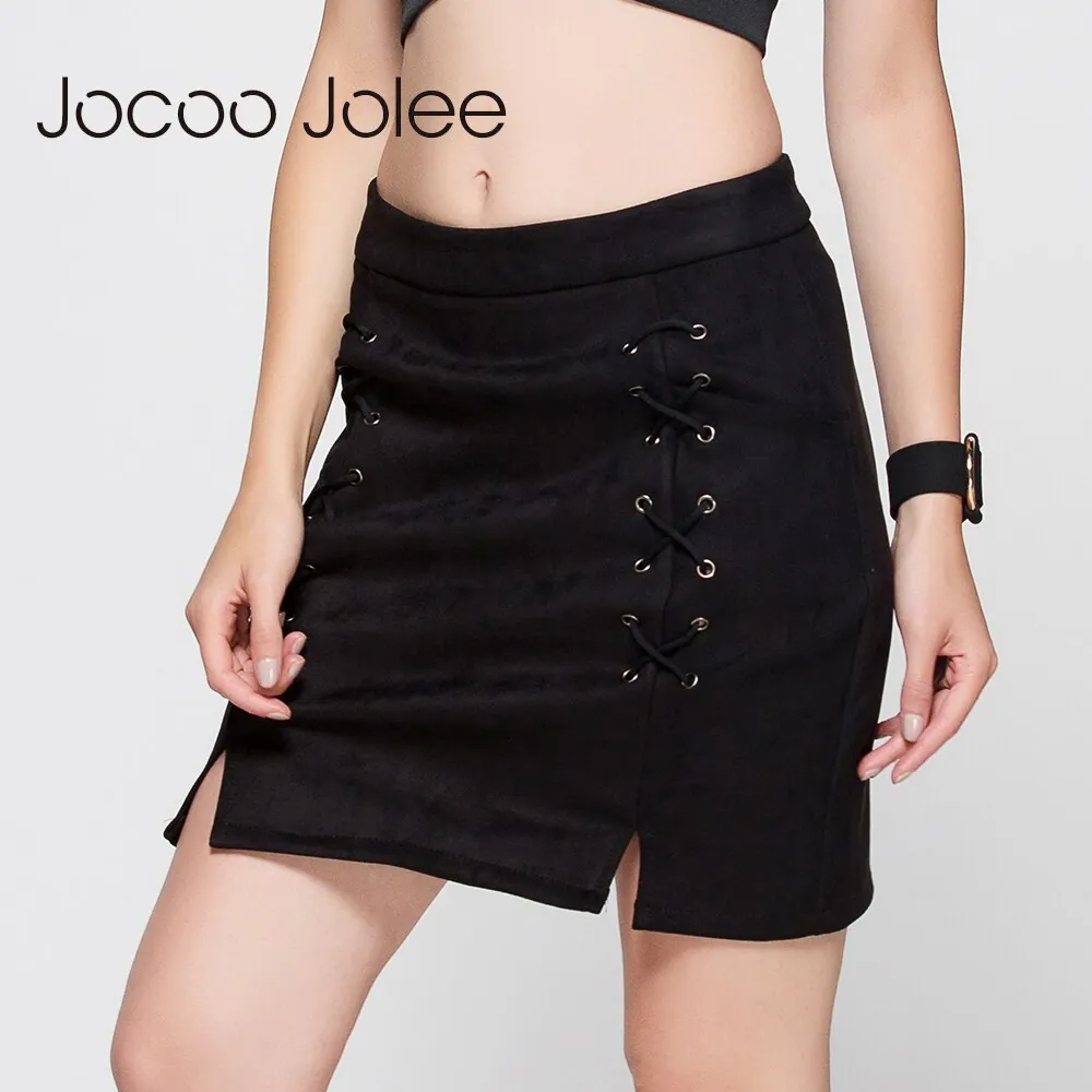 Jocoo Jolee Autumn Lace Up Leather Suede Pencil Skirt Winter 17 Cross High Waist Skirt Zipper Split Bodycon Short Skirts Women