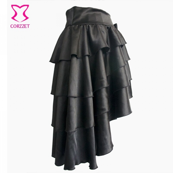 Black Ruffle Satin Tiered Asymmetical Saia Victorian Women Skirt Retro Steampunk Corset Skirt Sexy Ladies Skirts Gothic Clothing 2 Retro Steampunk Chic: Black Ruffle Satin Asymmetrical Skirt - Gothic Elegance for Women