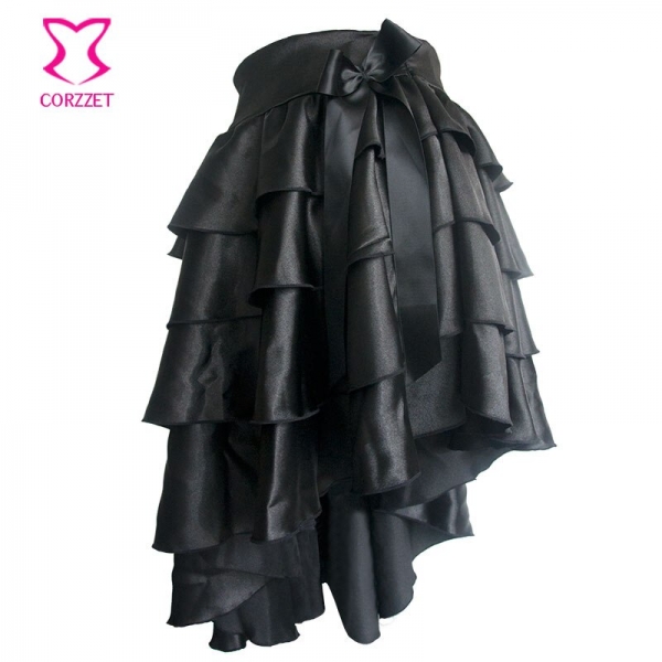 Black Ruffle Satin Tiered Asymmetical Saia Victorian Women Skirt Retro Steampunk Corset Skirt Sexy Ladies Skirts Gothic Clothing 1 Retro Steampunk Chic: Black Ruffle Satin Asymmetrical Skirt - Gothic Elegance for Women
