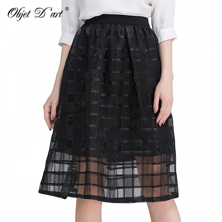 Classic Women Mesh Skirts Worsted Plaid Patchwork Skirt Elegant High Waist Organza Gauze Tulle Black Striped Casual A-Line Skirt