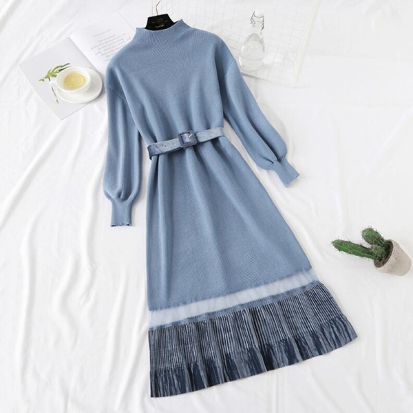Autumn Winter Quality Long Knitted Dress Women Half turtleneck Sweater Dresses LADY Vintage Long sleeve Warm Pleated Dress 1 Winter Quality Long Knitted Dress Women Half turtleneck Sweater