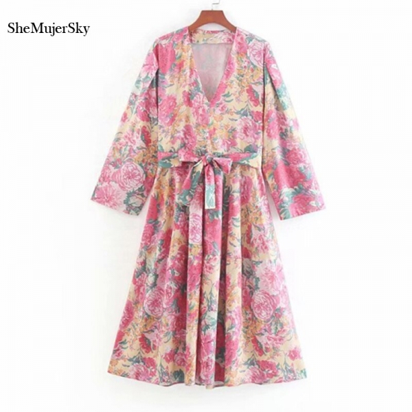 Bohemian Midi Dress With Belt 19 Floral Print V-neck Half Sleeve