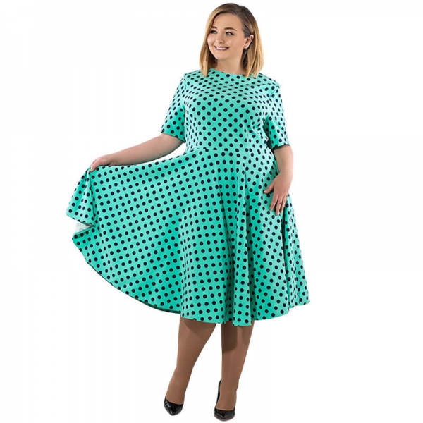 Loose Knee Length Dresses Elegant Dots Printed Plus Size O-Neck
