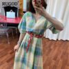 Colorful Dress V-neck Half Sleeves Loose Straight Vintage With Sash Contrast Colors
