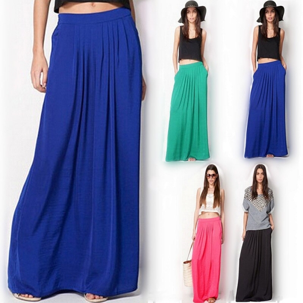 Summer Vintage Long Skirt Womens saia Elastic Waist Elegant Thin Pleate Skirt Ladies Casual Beach Solid Maxi Skirts faldas