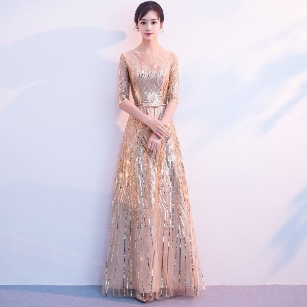 Women's Long Sequined Bling Bling Dress Glitter Longer Party Dress Elegant Rainbow Dresses Empire Waist Half Sleeve Dresses Women's Long Sequined Bling Dress with half sleeves, empire waist, and rainbow glitter – perfect for elegant evening parties.
