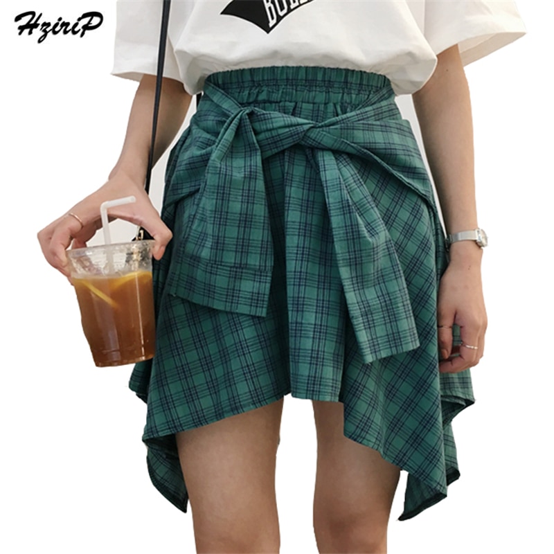 HziriP Cotton Fake Two Pieces-shirts Plaid Skirts Women Casual Stretch Waist Summer Midi Skirt 17 Fashion Asymmetrical Skirts 1
