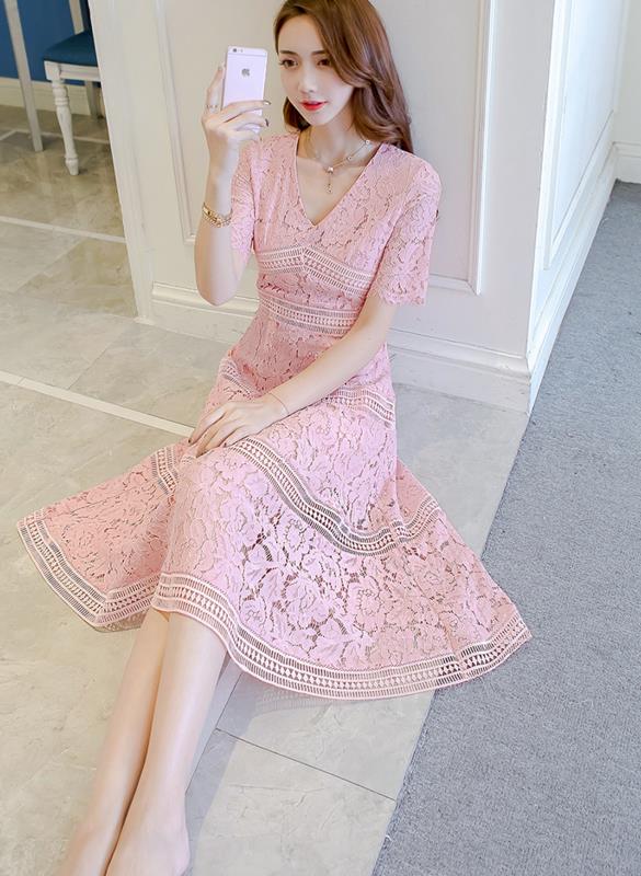 Free Shipping New Arrival Stylish V Collar Pure Color Lace Splicing Half Sleeve Woman Dress