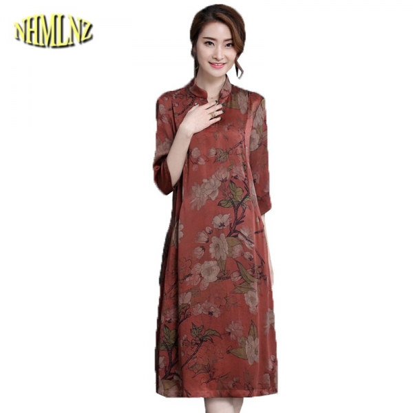 Middle-aged Women's Dresses Summer Elegant Slim Dress Stand neck Half sleeve Printed Dress Vestidos DAN029