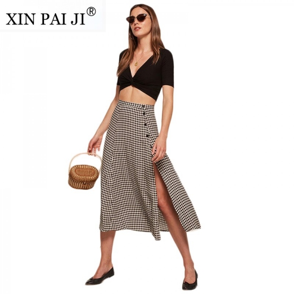 XIN PAI JI Vintage Apparel Plaid Split Side Women Sexy Skirt Button Fitness Midi Skirt Casual Elegant High Waist A-line Skirts