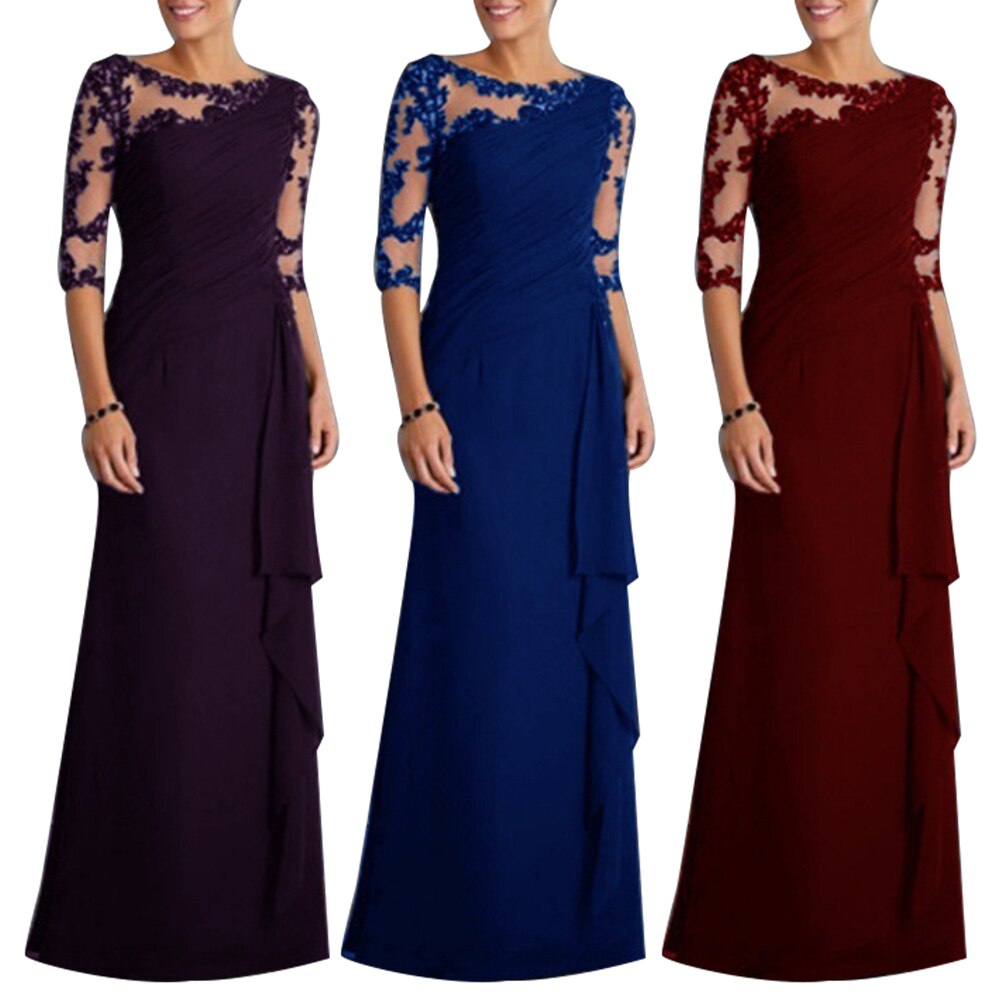 See-through Lace Women's Formal Half Sleeve Pleated Maxi Dress