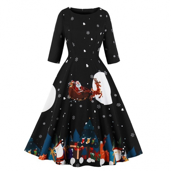 Christmas Dress Women Festival Santa Claus Print Autumn Winter Vestidos Robe Plus Size Half Sleeve Zipper Vintage Party Dresses