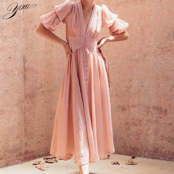 Mid Dress Sexy Deep V-neck Female Casual A-line Dresses Half Lantern