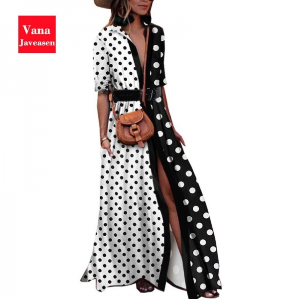 Vana Javeasen Autumn Half Sleeve Women Dress Dot Print V-Neck Woman's Clothing Sashes Evening Party Black Long Dresses Womens 1 Vana Javeasen Autumn Half Sleeve Women Dress Dot Print V-Neck