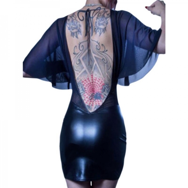 Transparent Gauze Vinyl Leather Patchwork Clubwear Sexy Deep V-Neck Flare Half Sleeve Part Dress 17 Women Night Club Vestidos 3 Dream Vine Transparent Vinyl Leather Patchwork Clubwear Dress: Your Ultimate Night Out Glam