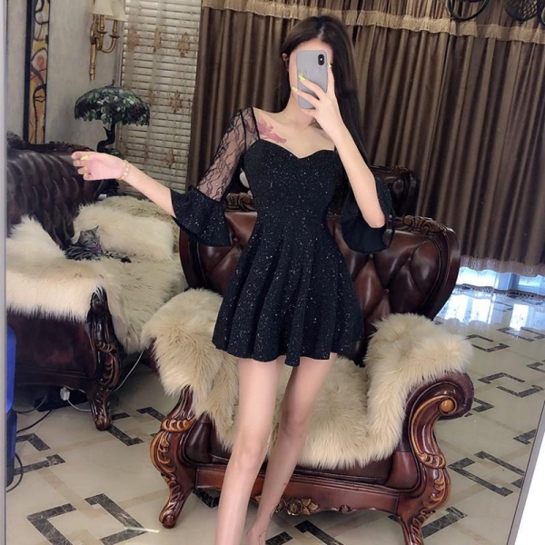 Short Dress Party Stitching V-Neck Transparent Dress High Waist Lace