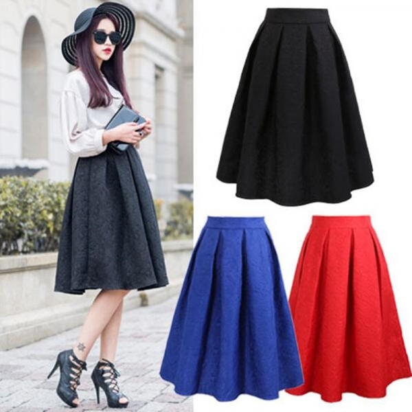 Black Red Jacquard Pleated Ball Gown Skater Ladies Midi Skirts Womens Plus Size