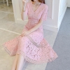 Stylish V Collar Pure Color Lace Splicing Half Sleeve Woman Dress