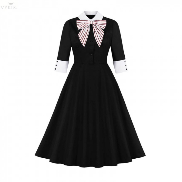 Sweet Hepburn Womens Dresses Autumn Half Sleeves Polo Pin Up With Bow Patchwork Vintage Button Casual Knee-length Party Dresses 1 Autumn Half Sleeves Polo Pin Up With Bow Patchwork Vintage
