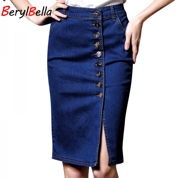 BerylBella Spring Women Skirt Casual Summer Style Ladies Skirts Blue Plsus Size S-6XL Stretch Denim Skirt Femininas Jeans Skirt 2 Blue Plus Size Denim Skirt - Spring Casual Style for Trendy Women