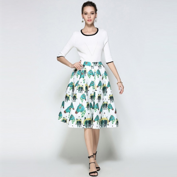Willstage White Horse Printed Midi Skirts Women Elegant Retro Vintage Tutu Skirt fashion ball gown High Waist 18 Summer Spring 3 Willstage White Horse Printed Midi Skirt ?