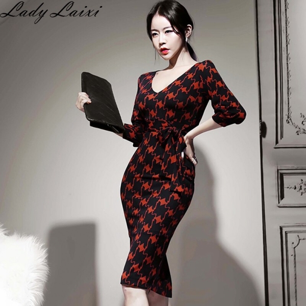 Spring Office Lady Printed bodycon Pencil Dress Women V-neck Half sleeve sheath Dresses Slim Fitted OL Work Wear Vestidos