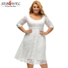 White/Black Floral Lace Curvy A-line Party Dresses Woman Large Size Half Sleeve Dress
