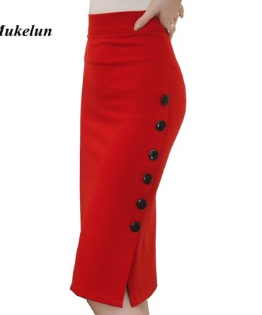 Slit Button Slim Pencil Skirt Elegant Office Ladies Skirts Red Black