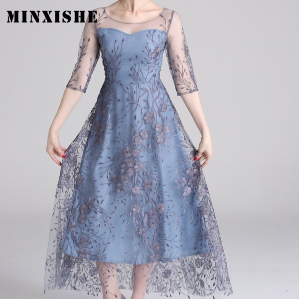 Spring Mesh Patchwork Embroidery Women Dress O Neck Half Sleeve Maxi High Quality Elegant Luxury Dresses Ladies robe longue 1 O Neck Half Sleeve Maxi High Quality Elegant Luxury