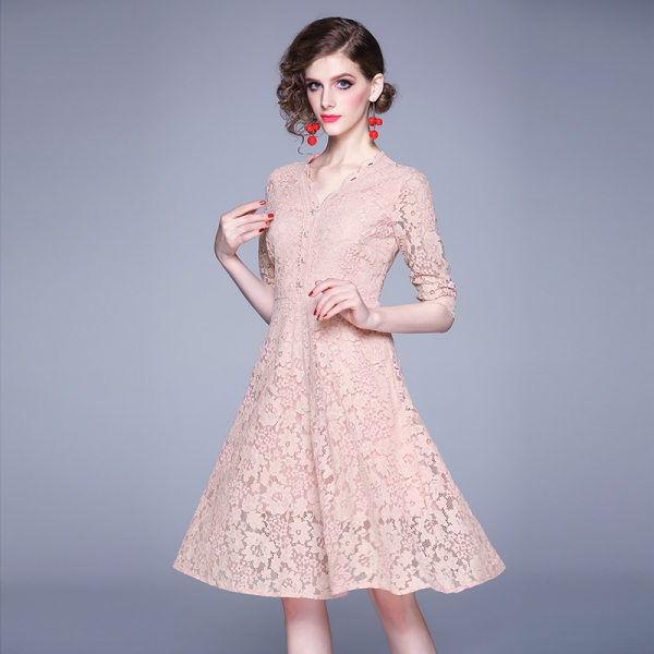 Women 19 Summer Dresses Hollow Out Women Half Sleeve Floral Crochet Casual Pink Lace Dress Femininas Vestidos 1 Half Sleeve Floral Crochet Casual Pink Lace Dress