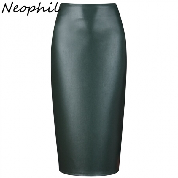 Neophil 19 Ladies Sexy Shining Faux Leather Midi Pencil Skirts High Waist Winter Elastic Bodycon Sexy Office Short Saias S0308