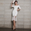 Summer Women Mermaid Dress 19 Plus Size White Half Sleeve Slash Neck Button Vintage Elegant Dress Chiffon Midi Dresses Elbise