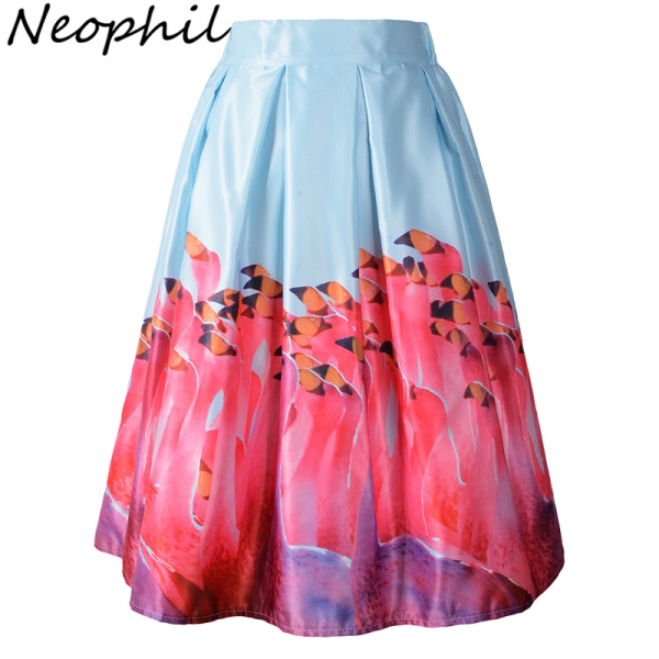 Neophil 19 Vintage Ladies High Waist 3D Flamingos Birds Painting Pleated Women Midi Flare Swing A Line Skirts Tutu Saia S08043
