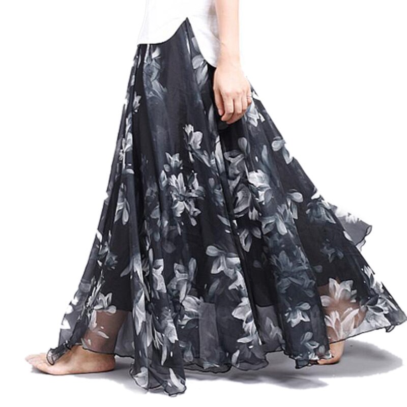 Elegant Florals Print Chiffon Long Skirt Ladies Slim High-Waist