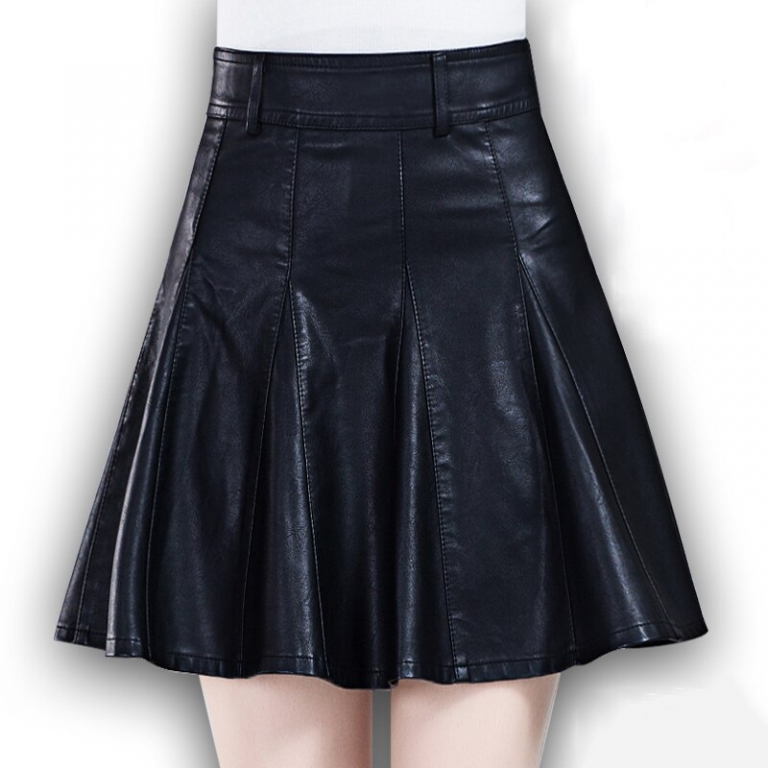 Black high waisted pleated PU skirts for women winter large size faux leather skater skirts ladies oversized mini circle skirts