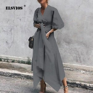 ELSVIOS 5XL Elegant Ladies Dresses Plus Size V-neck Half Sleeve Autumn Dress Women Lace-up Solid Irregular Party Dress Vestidos