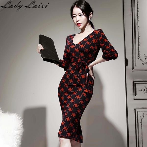 Pencil Dress Women V-neck Half sleeve sheath Dresses Slim Fitted